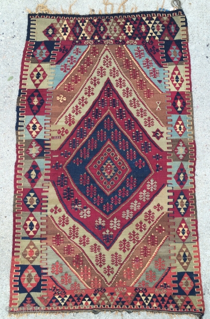 Southeast Anatolian small kilim from Malatya area. Has gold medal thread.  Good condition. About 3' x 5'.               