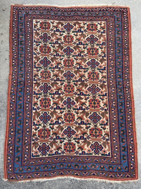 Afshar Rug with ivory field and lovely blues - 4'5 x 6'3 - 135 x 190 cm - offered as is for a reasonable price        