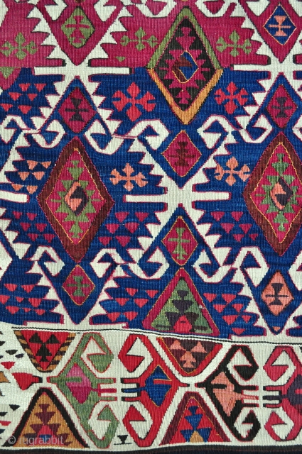 Southeast Anatolian Kilim with crisp natural colors, few small old repairs but great overall condition, most whites are cotton, some are wool and some blended wool and cotton. Previous owner was hanging  ...