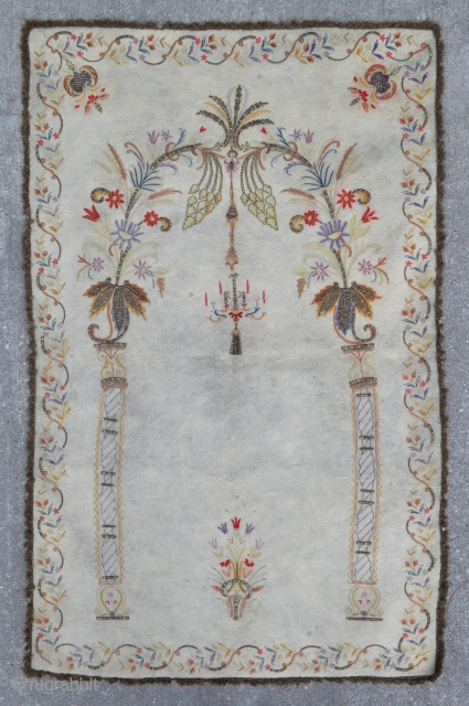 Ottoman Embroidery Prayer Rug.

Silk and metal thread embroideries in several techniques on fine wool felt.

These types of pieces are usually attributed to Bursa and sometimes to Sufi schools in other Western Anatolia  ...