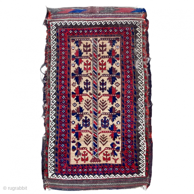 A little rough around the edges but a great survival from the 19th century!
Baluch tribal rug with the tree of life design on a camel wool field drawn spaciously allowing room for  ...