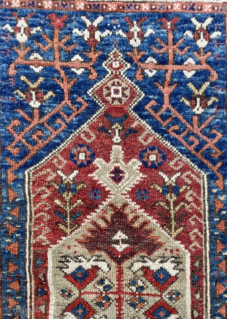 West Anatolian Prayer Rug woven upside down with beautiful colors, including a deep purple, apricot, yellow and gorgeous blues. Preserved in very good original condition. Extra pictures available on request - 4'2  ...