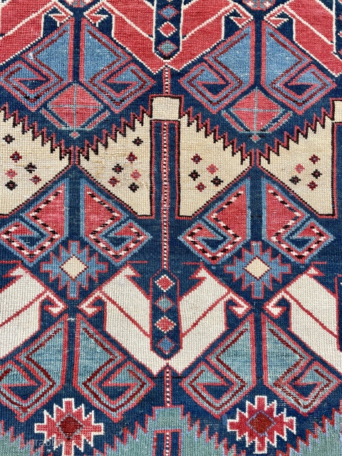 Caucasian Shirvan Rug in nice squarish size with rare pattern and beautiful colors, has some old repairs - extra pictures on request  - 4'0 x 4'7 - 122 x 143 cm. 