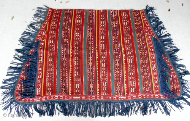 Uzbek horse cover, 41 X 59 inches excluding frills.  Nice piece with good dyes; probably early 20th.  In excellent shape, just one dime-sized reweave in field (see).    