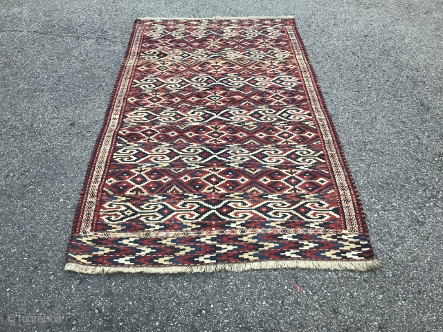 19c. Yomut kilim with red, yellow, indigo, and green. Natural colors, great condition. 203cm x 94cm.                 