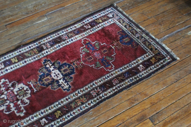 Kelardasht runner, early 20c. Nice and tightly woven with bold colors and details throughout. 10"6" x 3"7" From the private collection of a Charleston couple.        