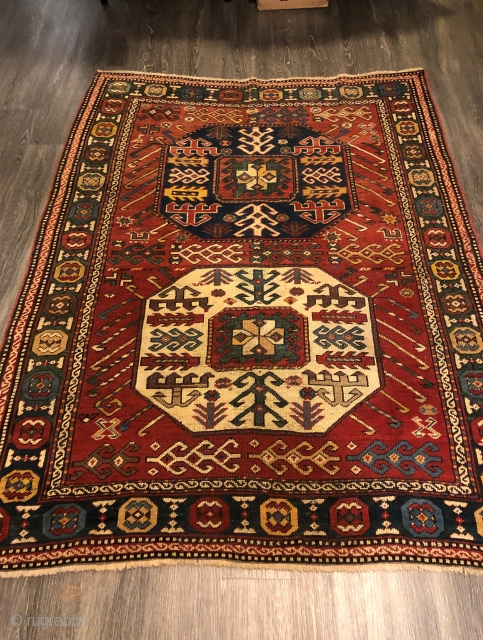 Chajli c. 1870. Double medallion, organic colors, not shortened. Some expert Turkish restoration and professionally cleaned. Low even pile.              