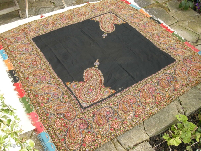 A very crisp good condition 19th century Indian shawl embroidered in silk on cashmere, signed , a few small moth holes in the black otherwise perfect 160 x 165cm .New Find  