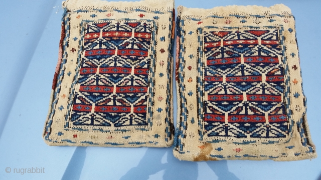 A small pair of Antique Chanteh Bags . Plain white on the back, complete made into miniature cushions.               