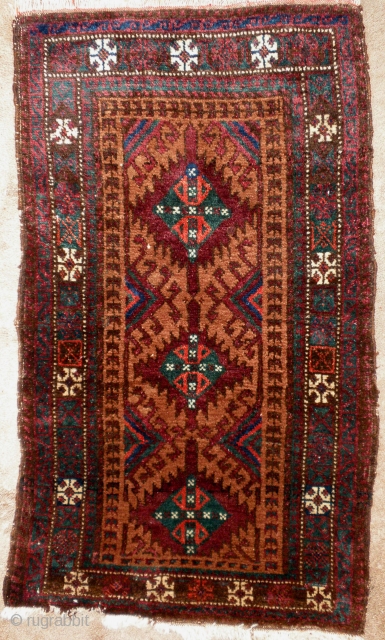 Here is a lovely late 19th. cent. Sistan Baluch balisht measuring  20 1/2" wide X 36" long, the weaving is in very good. The colors are strong (common to Sistan but  ...