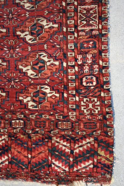 TEKKE small rug (wedding?). 41" x 53" from the 4th quarter of the 19th Century.  Missing a bit on both sides. Interesting primary side borders.One area (shown) that needs re-knotting. Glossy,  ...