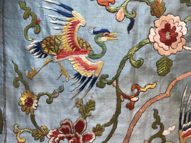 Cool and interesting Chinese embroidery circa 19th century ! 
Nice colors Silk and metal Embroidered on a Japanese blue silk satin !
Good condition ! Needs to be cleaned !  Size :  ...