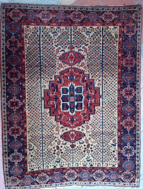 September sale :
Very pretty and character Afshar rug with good wool ,
Cotton warp , Circa : early 20th ! dated .
Don't ask me more photos about please . Thanks .
Never repaired .
Size  ...