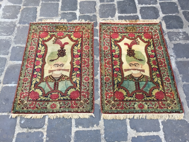 kirman laver pair dated 1333 Hijri excellent condition pictorial Shah Abbas 
size 90x61 cm                   