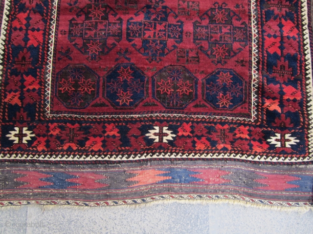 Old baluch natural colors.
19th the wool like velvet. there is a small place in the middle repair.
and also in the of one end of the kilim.185x90       