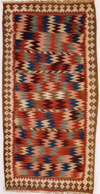 # 2391 Bijar Kilim with Moj design, west Persia, late 19th Century, beautiful natural colors. Size 4-5 x 8-8 ft            