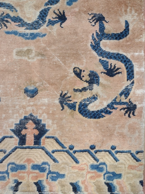 This is an antique Chinese Ningxia rug woven circa 19th century and it measures 172 x 110 in CM.Its design consists of five Dragons with five claws set on a nice color  ...