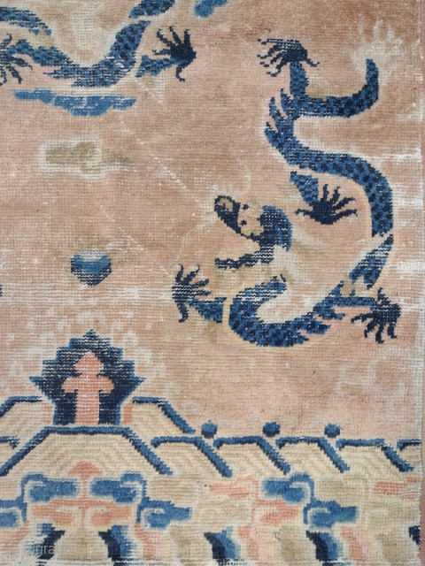 This is an antique Chinese Ningxia rug woven circa 19th century and it measures 172 x 110 in CM.Its design consists of five Dragons with five claws set on a nice color  ...