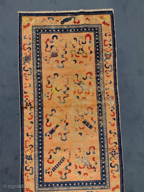 This is an antique silk Chinese woven circa 1880/1900 and it measures 175 x 92. 
It features a well drawn design full of symbolism. Generally worn with no holes.    
