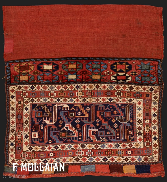 Antique Persian mixed technique Bakhtiari saddle bag, ca. 1880

110 × 97 cm (3' 7" × 3' 2")
                