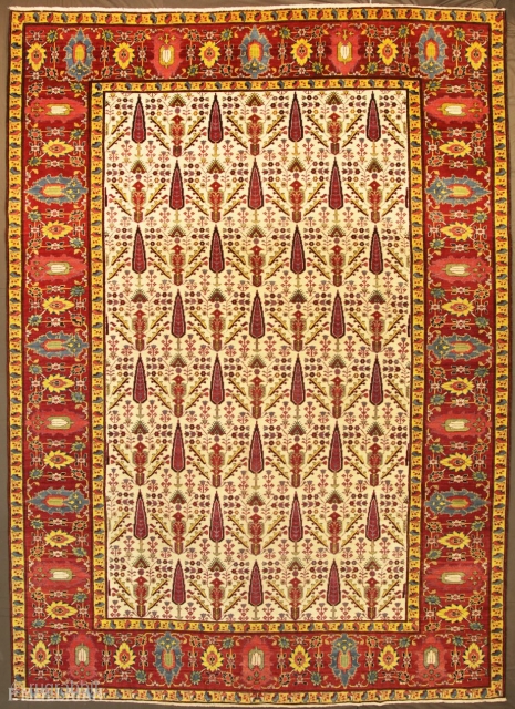 Amazing Antique Caucasian Karabakh (Qarabag) Carpet, 19th Century,

395 × 295 cm (12' 11" × 9' 8")

The ivory field wit overall design of stylised cypress trees, shaped floral panels, angular floral sprays and  ...