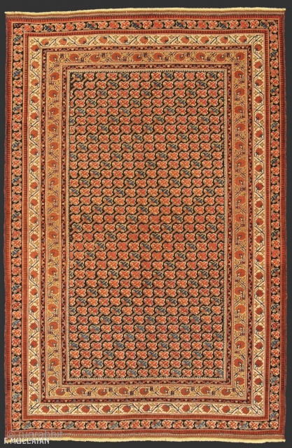 This is a Khamseh rug from southwest Persia and it was woven circa 1880. The field has been designed using an allover repeating flower design. The three borders are constructed using floral  ...