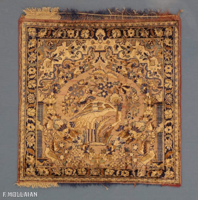 This is an antique silk Kashan mat rug woven in central Persian circa 1900. Finding a small silk Kashan is uncommon and having one with this design makes this example a truly  ...