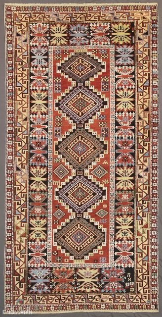 This is an antique Shirvan rug from the southern part of the Caucasus mountains and it was woven during the end of the 19th century. The field of this rug is decorated  ...