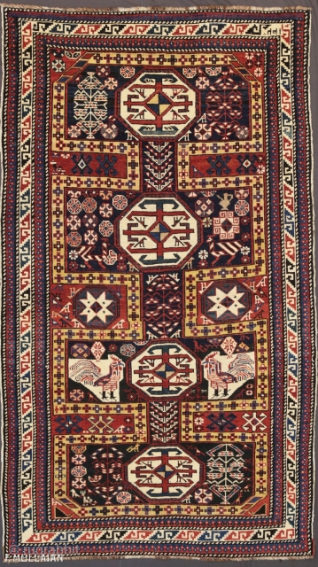 Beautiful Antique Azerbaijani Baku Rug, 1880-1900,

195 × 110 cm (6' 4" × 3' 7"),

The price of this piece for Extra EU citizens/UE Companies: €2,377.05,

The charcoal-black field with various polychrome hooked octagons and  ...