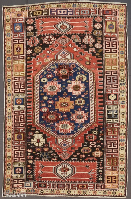 Beautiful Small Antique Caucasian Shirvan Rug, ca. 1900,

165 × 110 cm (5' 4" × 3' 7"),

A lovely piece with a bold geometric design and amazing colors.

The price for Extra EU citizens/UE Companies: €1,434.43 
