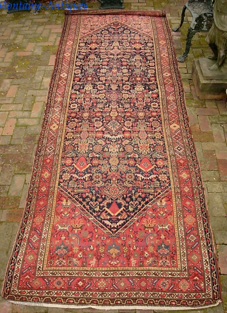 Malayer 4 ft 5 x 13 ft 6 inches. Obviously rare and unusual size. possibly 19th century. Pretty nice condition. Low but no foundation showing. Note red abrash.
$40 UPS to Lower 48. 