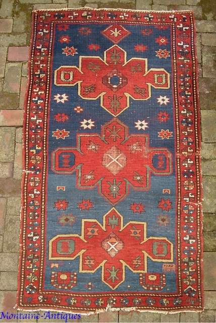 Kazak-- 3.4 x 6 ft 1 in. Interesting and decorative 19th cent. Obvious condition issues. Please call for condition Report. $20 UPS to lower 48. Check out  fresh posts on our  ...