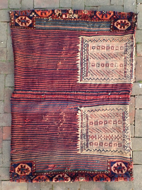 Huge Bahktiari double bag -- c. 1900 if not older. Each bag measures around 26 x 40 inches. Piled panels on the bottom and elaborate back kelims with so called "flag" inset.  ...