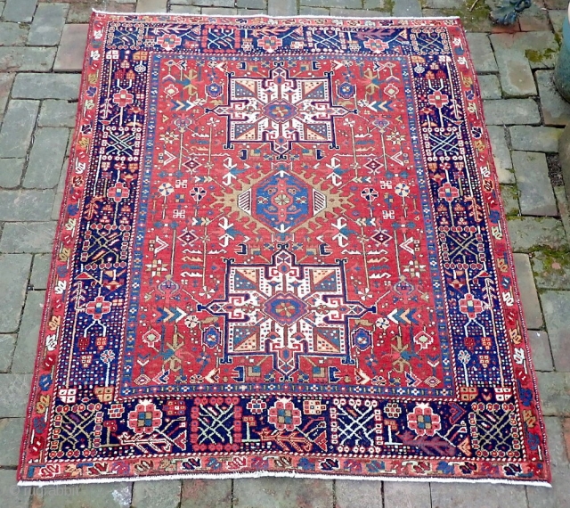 Karaja-- Circa 1900 or older. 4 ft x 4.11. Lively red. Unique size with squarish dimensions. Very decorative old piece. For some reason good older Karajas are scarce at this time. Slightly  ...