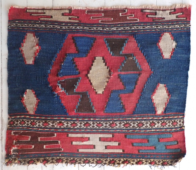 Shahsavan Slit Tapestry-- Circa 1900 or older. 19 x 22 inches. South Caucusus. very graphic old piece. Rare. Good condition. $10 Domestic shipping.

One of several pieces recently acquired, an old cache from  ...