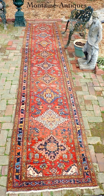 Heriz Runner-- c. 1920-- 3.3 x 14.6--  Heavy and densely knotted piece. Beautiful lively Northwest colors. Very clean and pristine. Please see all photos. US shipping: $40 please call the shop  ...