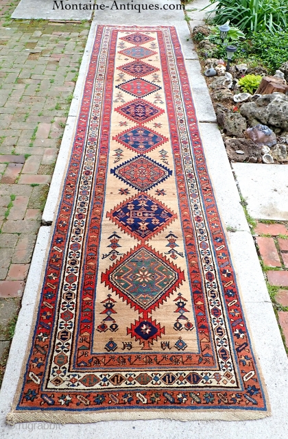 Serab-- 3.3 x 14.7. Beautiful bright/white old open field piece w/ archaic tribal elements and early date. Decorative old thing that will brighten up an otherwise long dark hallway. CONDITION: Braided ends  ...