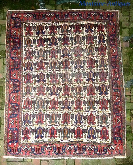 Afshar-- 5 ft 2 x 7 ft 3 in. Larger piece with Interesting Afshar motifs and white field. Low but even with foundation dots mainly center. Innocuous because of white field. $25  ...