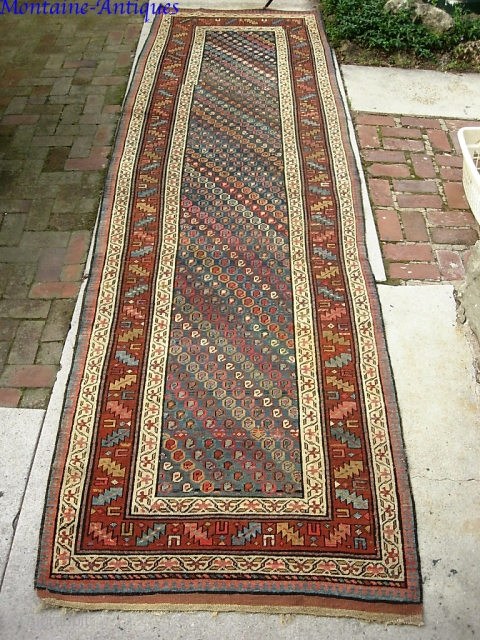 Caucasian- Azerbeijan Runner-- 3 ft 9 x 13 ft-- Beautiful archaic piece. I'd say 4th quarter 19th cent. Old and well traveled. Condition pretty decent with even pile; a smattering of exposed  ...