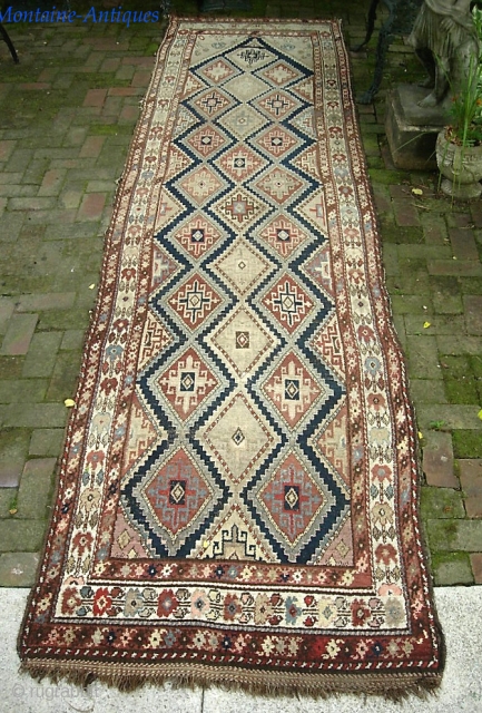 Kurd (?) Runner-- 3 ft 6 in x 13 ft 9 in. Really unique floppy old thing on wool foundation. Shows some wear in the center but pretty innocuous because of the  ...