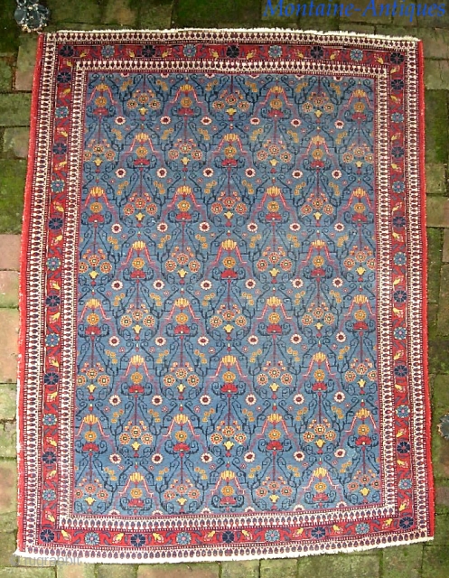 Persian village-- 3 ft 5 x 5 ft. I have no idea regarding maker. Somewhere in Persia. It is A very finely knotted piece (16x17= 272KPI); beautiful sky blue field and very  ...