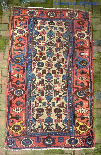 Kurdish-- 3 ft 4 x 6 ft 1 in.  Old well used rug with camel field and beautiful red turtle border.  Low and a little bit tatty around the edges--  ...