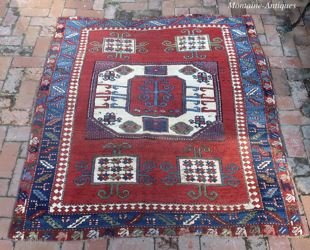 Antique Karachov Kazak-- 4.8 x 5.4--  Classic Mid to late 19th century South Caucusus design-- except for unique outer border. Thick, tight, heavy knotting. Old hyde Park provenance. Harvey Nichols: a  ...