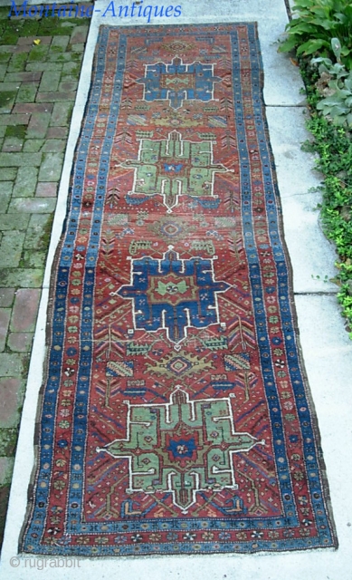 Heriz Runner. 3 ft 2 x 10 ft 3. Heriz weave with oversized medallions and Serapi coloration. We just posted a whole slug of fresh stuff. Check it out @ http://www.montaine-antiques.com/oriental-rugs/  