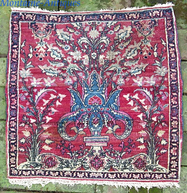 Old super-fine Pushti.  21 x 22 inches. Genuinely old Persian piece of uncertain about origin and I won't hazard a guess. Double wefted (one blue) on cotton foundation. Actual knot count  ...