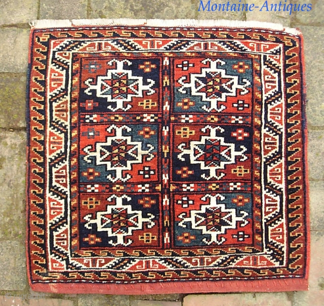 Tribal--21 x 22 inches. SW? Kurdish? Harks of a Turkoman ancestry. Fine and plush. We have just posted 40 nice fresh pieces on the web site: www.montaine-antiques.com.      