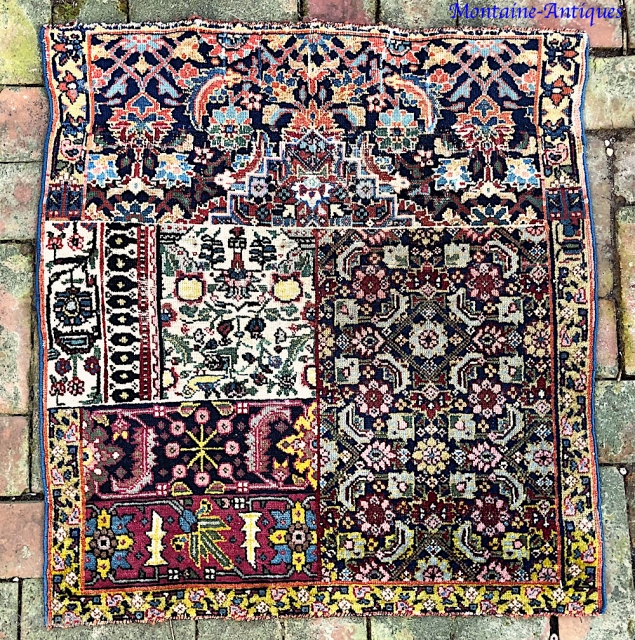 Persian Sampler-- approx 2.4 x 2.6-- Not sure here. Single weft. Kermanish? Senneh? Really old piece. Fine floppy weave. Call me for in hand condition report. $15 shipping. Please check out recent  ...