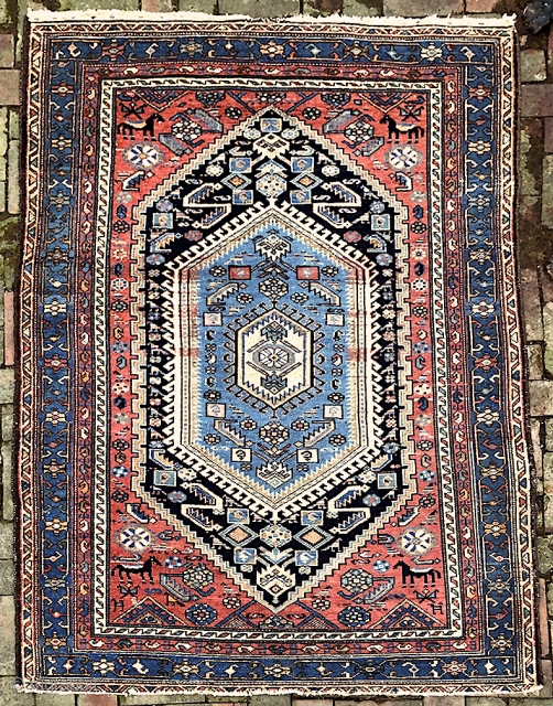 Hamadan-- 4.3 x 6.1 -- Tribal inspired. Abundant abrashes and 4 horses-- very cool. Call me for detailed in hand condition report. $25 shipping. Please check out recent pickings: http://www.montaine-antiques.com/oriental-rugs/   