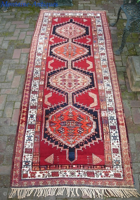 serab-- 3 ft 9 in x 9 ft 8 inches. Incredibly good quality Serab on wool foundation. Compactly knotted; thick; very heavy. Unusually bright colors for a Serab. No apologies for condition.  ...