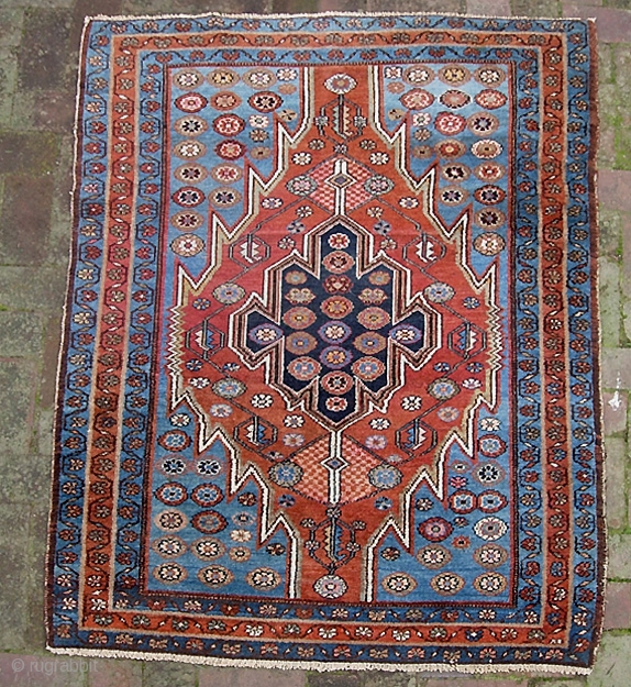 Mazlaghan 3 ft 8 inches x 4 ft 11 inches. Great size. (most of these are 4x6). One of the prettiest ones w/ great bold design and shimmery colors. Gets a little  ...